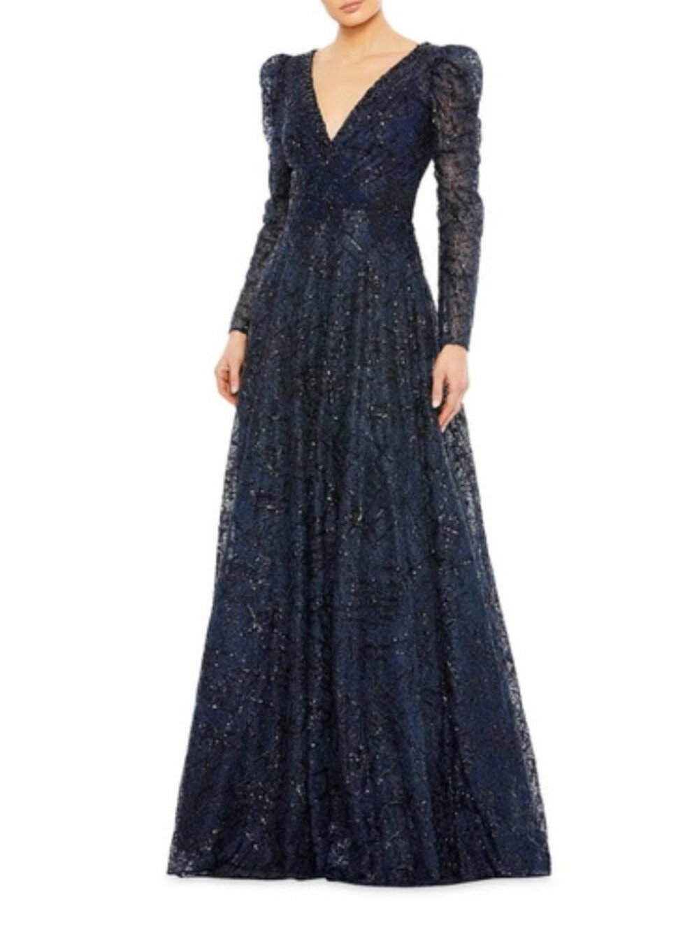 Mac Duggal Midnight Blue Sequin Beaded Long Sleeve A-Line Gown
